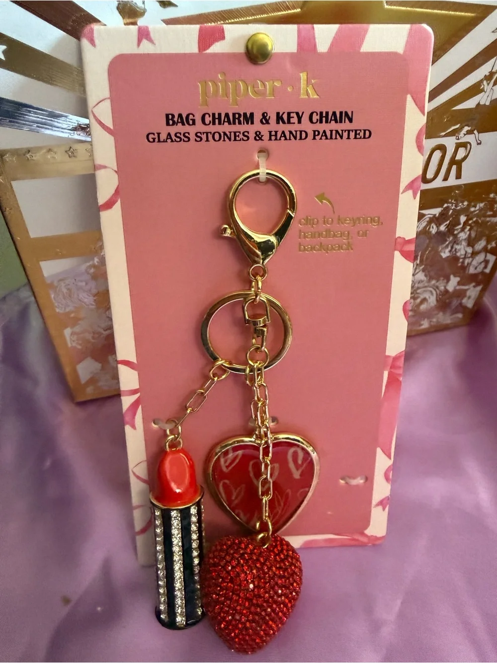 Piper K Red Heart & Lipstick Bag Charm Key Chain